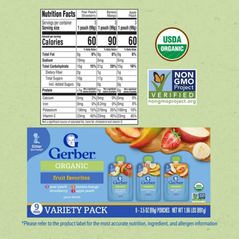 Gerber Stage 2 Baby Food, Organic Fruit Puree Smoothie Variety Pack, 3.5 oz 9 Count