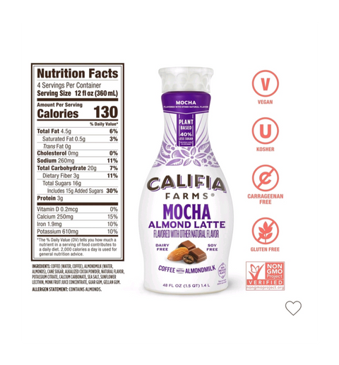 Califia Farms Mocha Cold Brew Coffee with Almond Milk, 48 oz