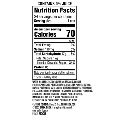 Brisk Lemon Iced Tea, bold lemon flavor, 12 fl oz, 24 Count