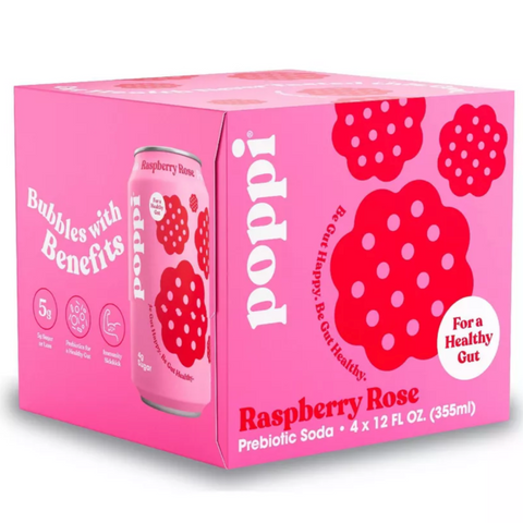 Poppi Raspberry Rose Prebiotic Soda, 12 fl oz, 4 Count