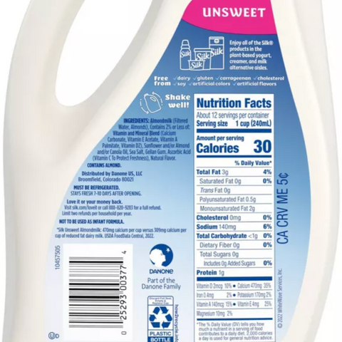 Silk Unsweet, Original Almond Milk, 96 fl oz