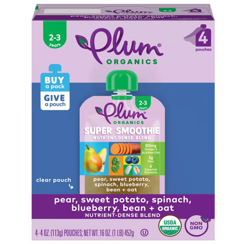 Plum Organics Super Smoothie Pear Sweet Potato Spinach Blueberry Bean & Oat, 16oz, 4 Count