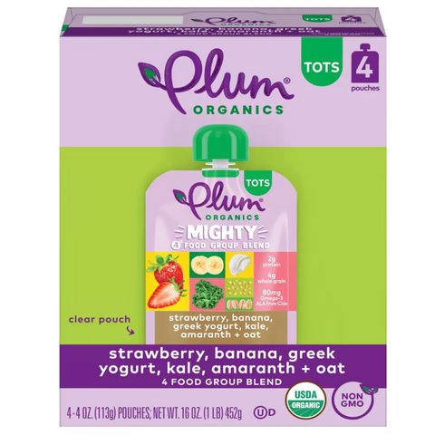 Plum Organics Strawberry Banana Greek Yogurt Kale Amaranth & Oats Baby Food Pouches, 16oz, 4 Ct