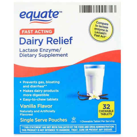 Equate Fast Acting Dairy Relief Vanilla Flavor Lactase Enzyme/Dietary Supplement, 32 Count