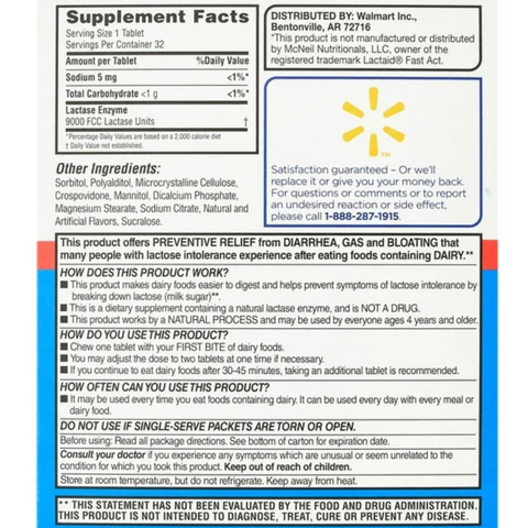 Equate Fast Acting Dairy Relief Vanilla Flavor Lactase Enzyme/Dietary Supplement, 32 Count