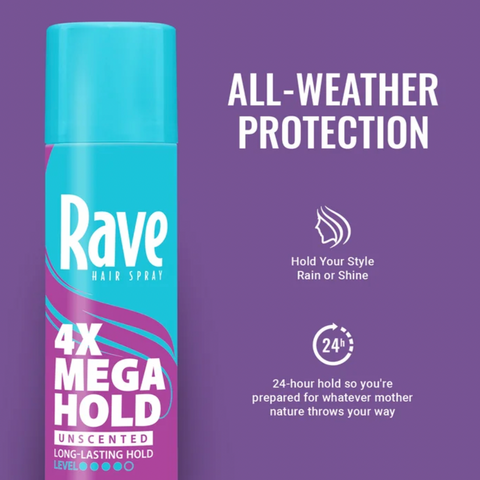 Rave 4X Mega Hold Hair Spray, All-Weather Protection with Vitamin-Rich Formula, 11 oz