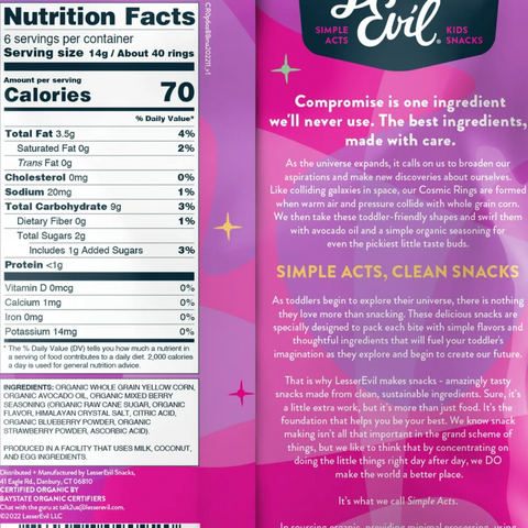 LesserEvil Air-Puffed Cosmic Rings Baby Snacks for Toddlers, Berry Blast with Avocado Oil, 3 oz