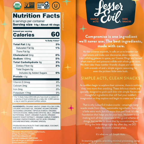 LesserEvil Air-Puffed Cosmic Rings Baby Snacks for Toddlers, Cosmic Cheddar with Avocado Oil, 3 oz