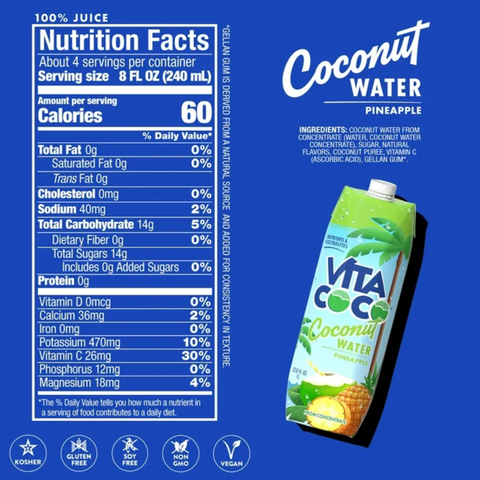 Vita Coco Coconut Water, With Pineapple, 1 L