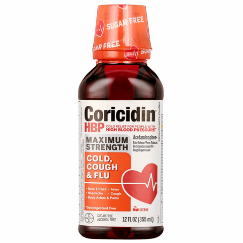 Coricidin HBP Cold, Cough & Flu Medicine, Sugar Free Day Liquid, Cherry, 12 fl oz