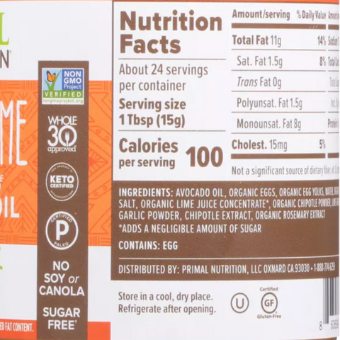 Primal Kitchen Chipotle Lime Mayo with Avocado Oil, 12 fl oz