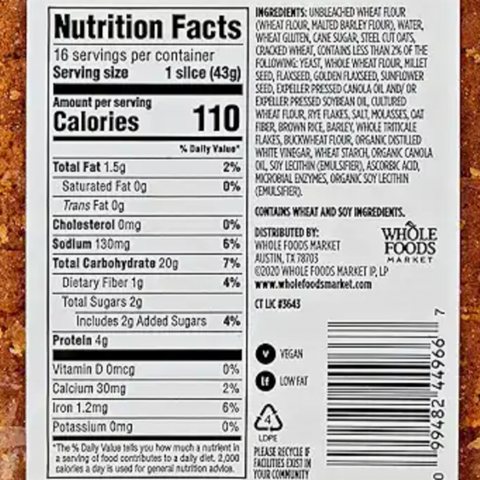 365 Sandwich Bread, 8 Grain, 24 oz