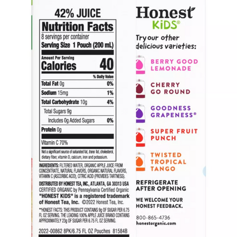 Honest Kids Organic Appley Ever After Pouches, 6.75 fl oz. 8 Count