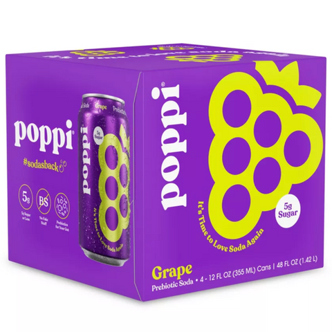 Poppi Grape Prebiotic Soda, 12 fl oz, 4 Count