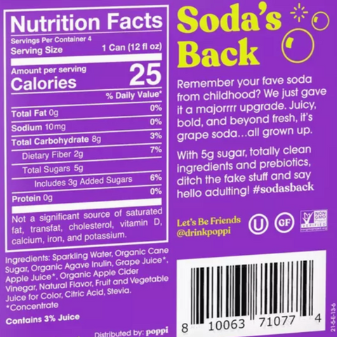 Poppi Grape Prebiotic Soda, 12 fl oz, 4 Count