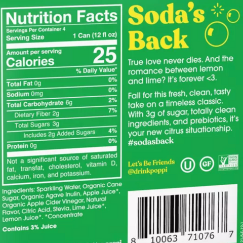 Poppi Lemon Lime Prebiotic Soda, 12 fl oz, 4 Count