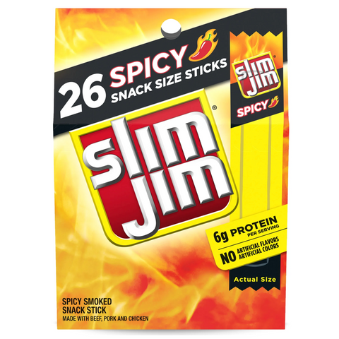 Slim Jim Smoked Meat Sticks, Spicy Flavor, Snack Size, 0.28 oz. 26 Count