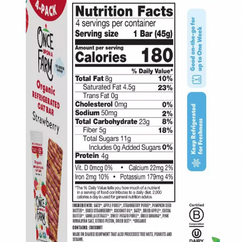 Once Upon a Farm Strawberry Organic Refrigerated Oat Bar, 6.4oz, 4 Ct