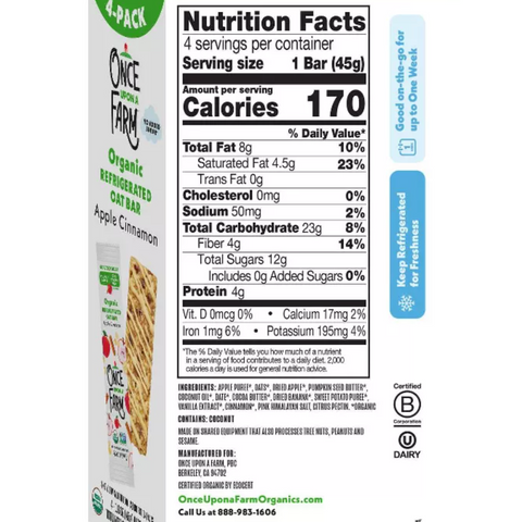 Once Upon a Farm Apple Cinnamon Organic Refrigerated Oat Bar, 6.4oz, 4 Ct