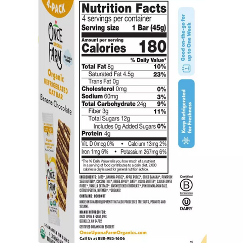 Once Upon a Farm Banana Chocolate Organic Refrigerated Oat Bar, 6.4oz, 4 Ct