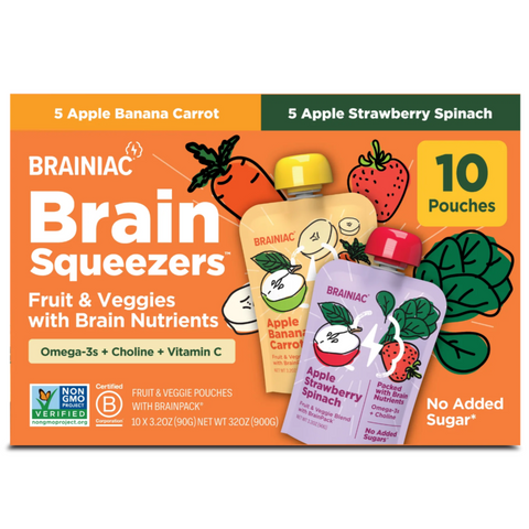 Brain Squeezers Fruit & Veggie Pouches, No Added Sugar, Variety Pack, 3.2 oz, 10 Ct