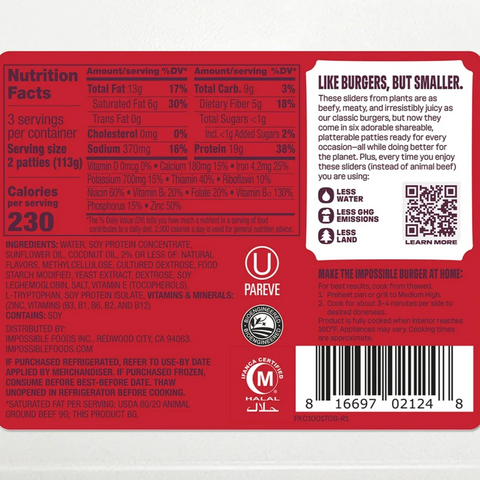 Impossible Foods Beef Slider Patties Meat from Plants, 6 Patties, 12 oz