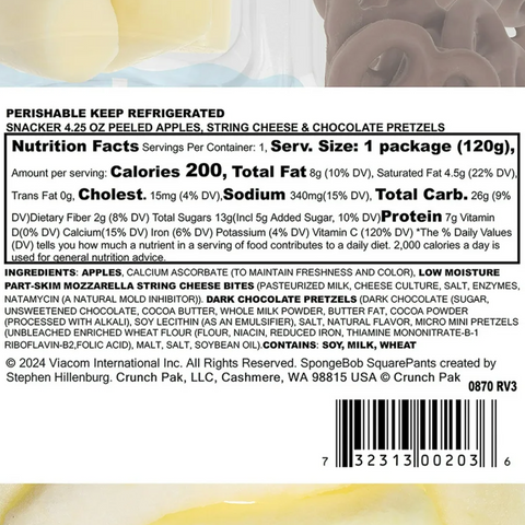 Crunch Pak SpongeBob Snacker with Fresh Sliced Apples, Cheese & Chocolate Pretzels, 4.25 oz