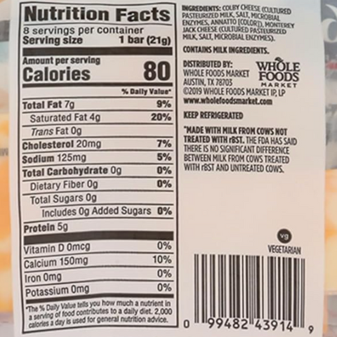 365 Colby Jack Cheese Snack Bars, 8 Count