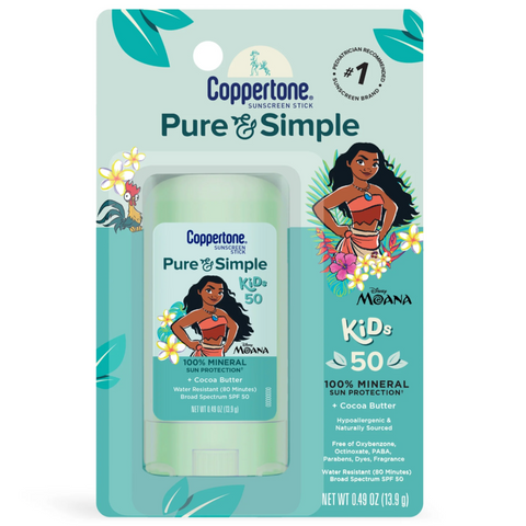 Coppertone Pure & Simple, 100% Mineral Sunscreen Stick, Child, Moana, SPF 50, 0.49 oz