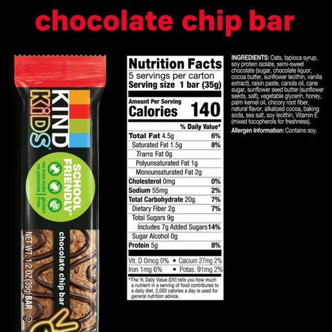 KIND Kids Chocolate Chip Bar, Tree Nut Free, Peanut Free, 6.2 oz, 5 Count