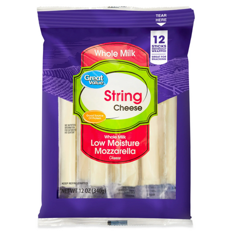 Great Value Whole Milk Low Moisture Mozzarella String Cheese Sticks, 12 Count