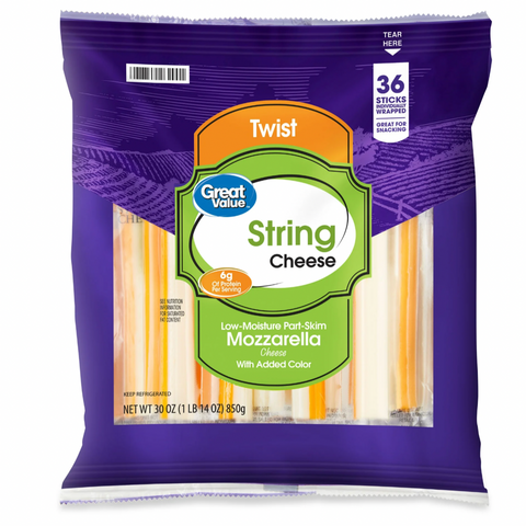 Great Value Low-Moisture Part-Skim Mozzarella Twist String Cheese, 36 Count