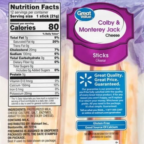 Great Value Colby & Monterey Jack Cheese Sticks, 9 oz, 12 Count