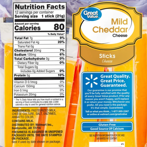 Great Value Mild Cheddar Cheese Sticks, 9 oz, 12 Count
