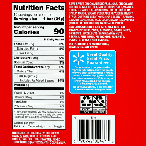 Great Value Chocolate Chip Chewy Granola Bars, 10 Count