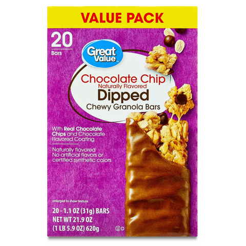 Great Value Chocolate Chip Dipped Chewy Granola Bars, 20 Count