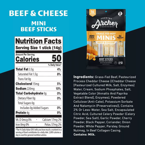 Country Archer Jerky Co. Beef & Cheese Mini Sticks, 8oz, 16 Count