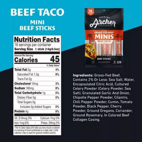 Country Archer Jerky Co. Taco Mini Beef Sticks, 8oz, 16 Count