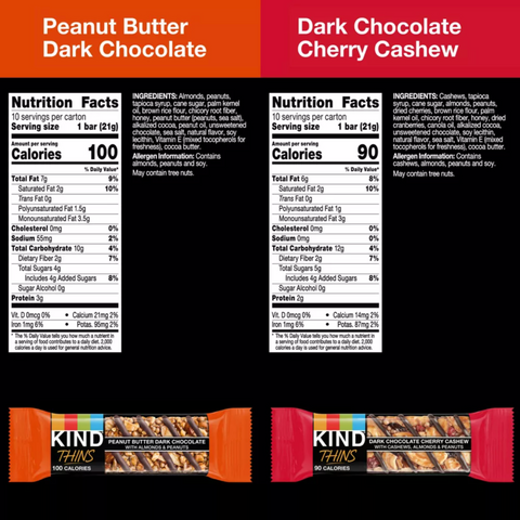 KIND Thins Peanut Butter Dark Chocolate & Dark Chocolate Cherry Cashew Bars Variety Pack, 20 Count