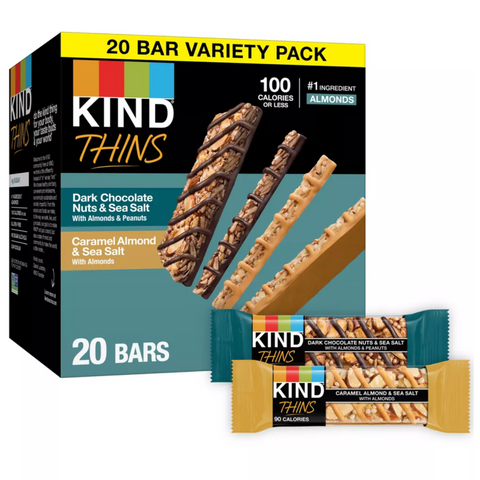 KIND Thins Dark Chocolate Nuts and Sea Salt & Caramel Almond and Sea Salt Bars Variety Pack, 20 Count