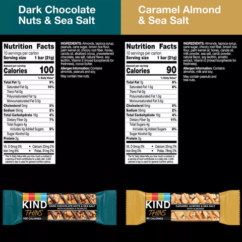 KIND Thins Dark Chocolate Nuts and Sea Salt & Caramel Almond and Sea Salt Bars Variety Pack, 20 Count