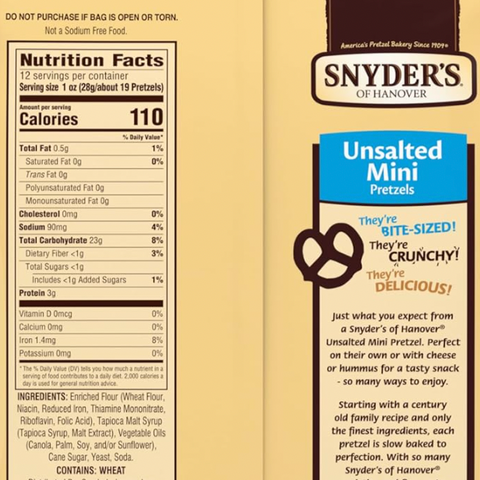 Snyder's of Hanover, Unsalted Mini Pretzels, 12 oz