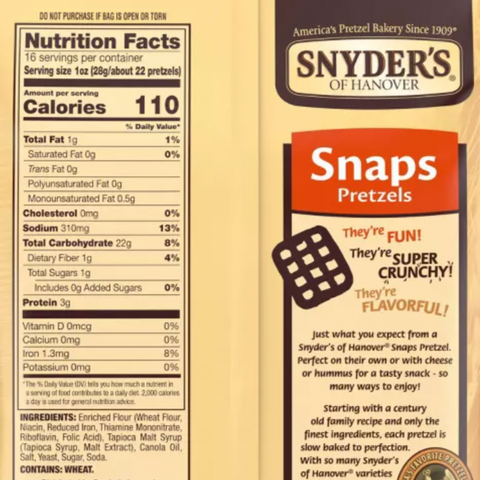 Snyder's Pretzels Family Size, Snaps Pretzels 16 Oz