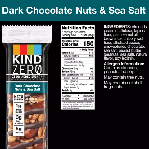 KIND Zero Dark Chocolate Nuts & Sea Salt Bars, 6.2oz, 5 Count