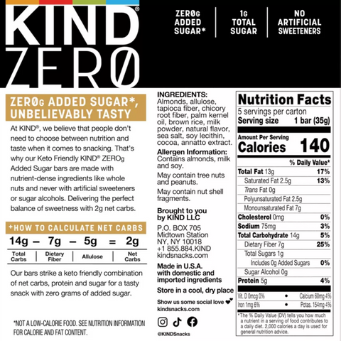 KIND Zero Caramel Almond & Sea Salt Bars, 6.2oz, 5 Count