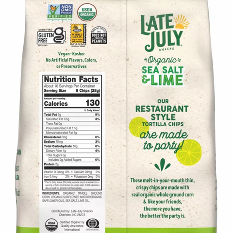 Late July Snacks Thin and Crispy Organic Tortilla Chips with Sea Salt & Lime, 10.1oz