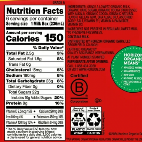 Horizon Organic 1% Chocolate Milk DHA Added, 8 oz. 6 Ct