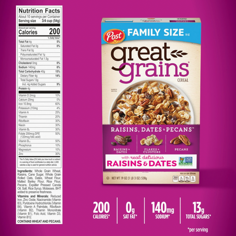 Post Great Grains Raisins, Dates & Pecans Cereal, Heart Healthy, Whole Grain, 19 oz