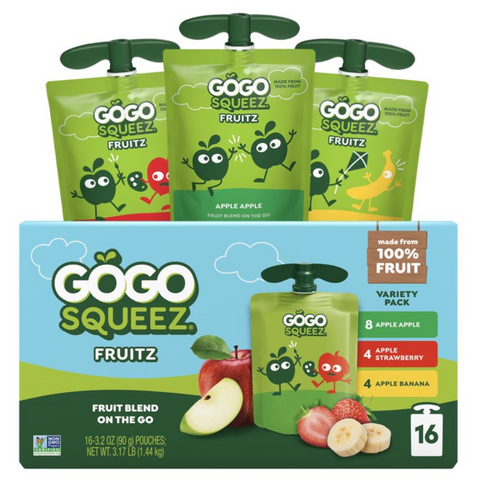 GoGo squeeZ Applesauce & Fruit Puree, Apple Apple, Apple Strawberry, Apple Banana, 3.2 oz. 16 Ct