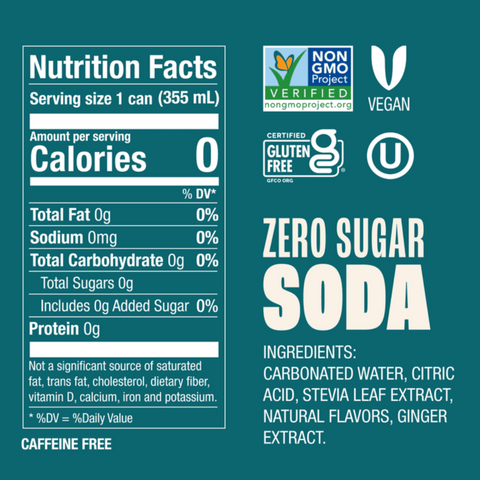 Zevia Zero Sugar, 0 Calorie Caffeine-Free Ginger Ale Soda Pop, 12 fl oz, 8 Count